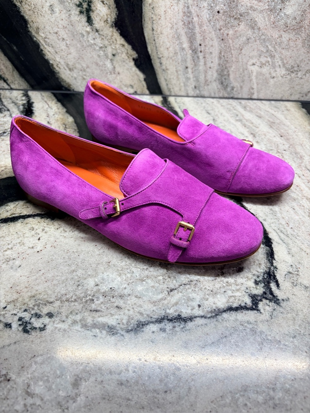 Santoni Women’s 38 Fuchsia Pink Suede Double Monk Strap Flats Italy